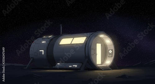 A futuristic cylindrical spaceship lands on a dark planet with its door open.