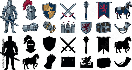 Bild auf Leinwand Medieval knight vector icons collection with armor suit swords shield gauntlet castle horse banners and black silhouettes set isolated on white background