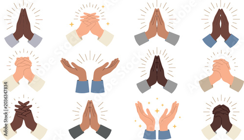 Photos Diverse praying hands vector icons set with multiethnic skin tones clasped palms and open praise gestures for faith spiritual worship isolated on white background