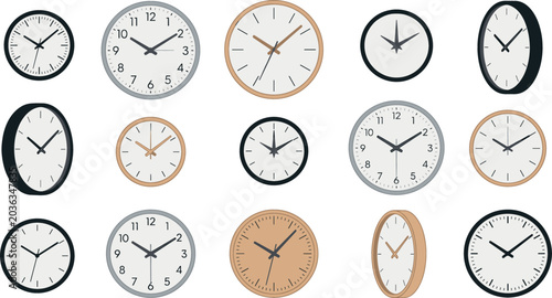 Tableau sur toile Modern wall clock vector icons set with round analog timepieces wood frames metallic trims side perspective angles and flat dial face templates isolated on white background