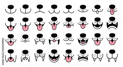 Obraz na płótnie Dog Mouth vector cute puppy face with open and closed mouth, tongue licking and nose detail, pet care and vet clinic symbol, animal emotion illustration set