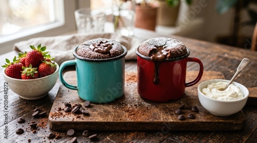 Molten chocolate mug cakes with strawberries and whipped cream rustic setting
