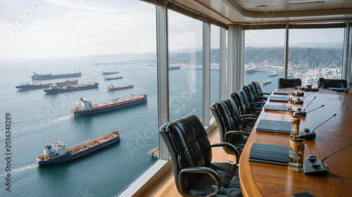Global trade tensions shipping tanker cargo boardroom meeting