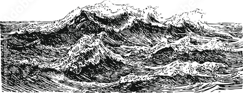 Engraving ocean waves rolling turbulent sea water sketch vintage illustration
