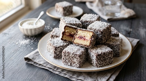 Lamingtons stacked on plate with coconut and chocolate glaze