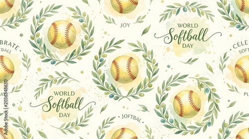 World Softball Day Background with Softball Ball and Bat