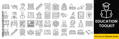 Education and online learning line icon set. E-learning, science and academic vector with editable strokes