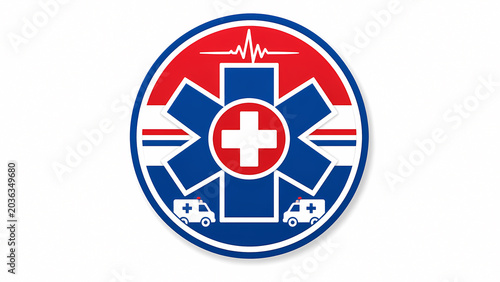 Emergency Medical Service Badge with Ambulance and Healthcare Cross Icon