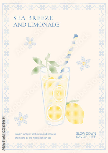Photos Mediterranean Lemonade Poster in Cross Stitch Style