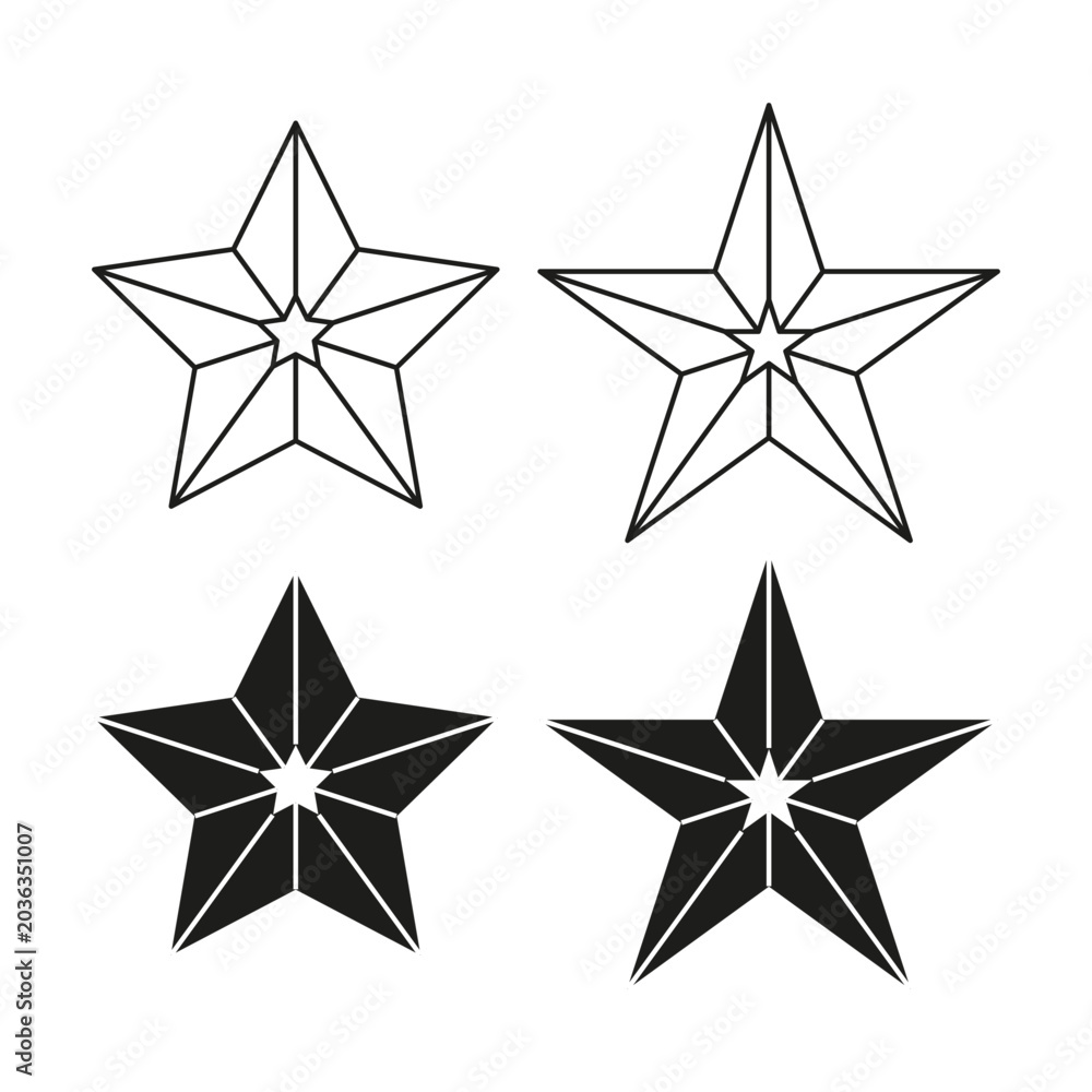 Obraz premium Geometric star icon set with various black and white line styles Vector. Perfect for award badges and social media rating UI.