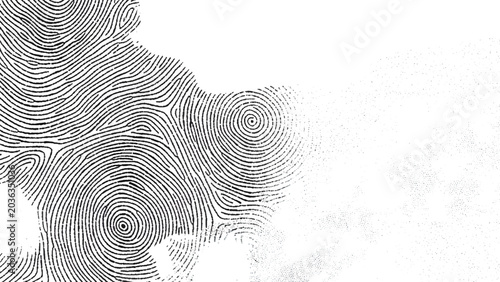 Abstract fingerprint pattern design with swirling lines and dots on white background