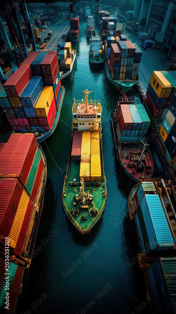 Obraz premium Global trade tensions cargo ship and container port channel with stacked freight container and busy harbor logistics supply chain transport view