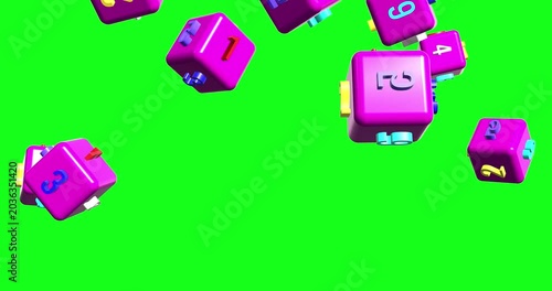 Vibrant pink number blocks tumble dynamically across a bright green screen. This engaging animation is perfect for educational content, counting, or playful introductions.