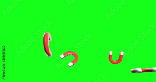 Animated red horseshoe magnets drift and spin gracefully on a vibrant green screen. It is ideal for science, education, and dynamic visual effects projects.