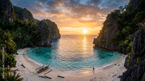 Breathtaking aerial drone view of a secluded tropical beach bay surrounded by dramatic limestone cliffs during a vibrant sunset in El Nido, Palawan, Philippines
