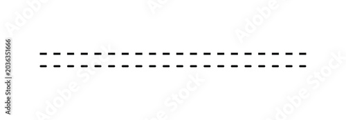 Black dashed lines set isolated on white background, flat vector illustration of horizontal dotted dividers and graphic design elements.