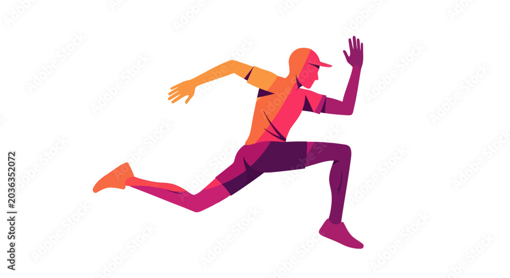 Fototapeta premium Dynamic gradient illustration of a male runner in mid-stride, showcasing speed, energy, and athletic movement on a clean white background.