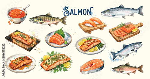 Hand drawn salmon seafood collection featuring sushi, sashimi, grilled fillets, roe, traditional Japanese cuisine illustration.