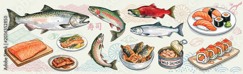 Photos Set of sockeye salmon, coho, chum watercolor illustration isolated on white background