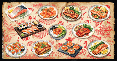 Japanese salmon cuisine collection illustration featuring sushi, sashimi, grilled salmon dishes, traditional decorative menu background.