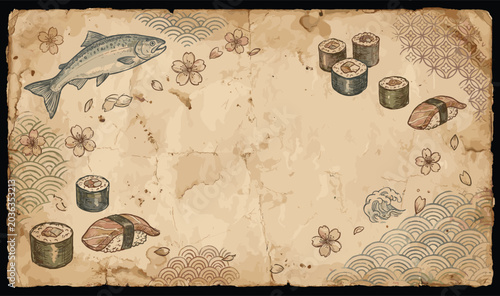 Vintage Japanese salmon sushi background illustration featuring traditional patterns, floral ornaments, fish, and decorative cuisine.