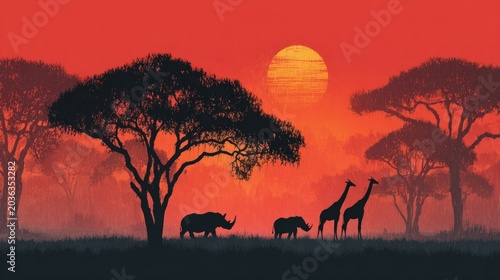 Silhouetted African savannah scene with a large sun, acacia trees, rhinos, and giraffes at sunset.