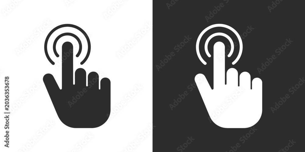 Fototapeta premium Hand Cursor Click icon set, outline style pointer finger symbol, black and white UI navigation indicator, interactive button click and touch screen gesture concept.