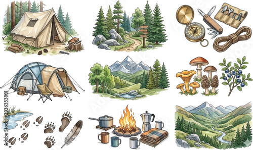 Comprehensive Camping Adventure Vector Illustration Set - Tents, Campfire, Hiking Trail, Wildlife Tracks, Survival Gear, Mountain Landscape & Foraging
