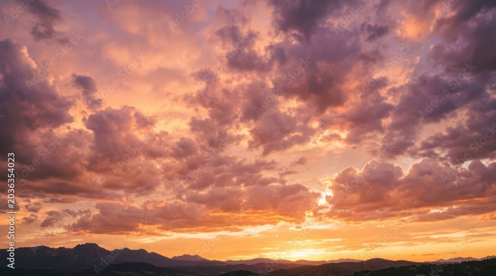 Fototapeta premium Beautiful orange and purple sunset sky with clouds over distant mountain silhouettes