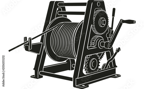 Bild auf Leinwand Manual winch with cable and gears black silhouette on white background