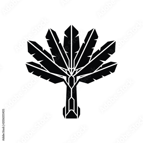 Geometric Black Palm Tree Silhouette Icon - Minimalist Tropical Fan Leaf Design Element for Logo and Branding