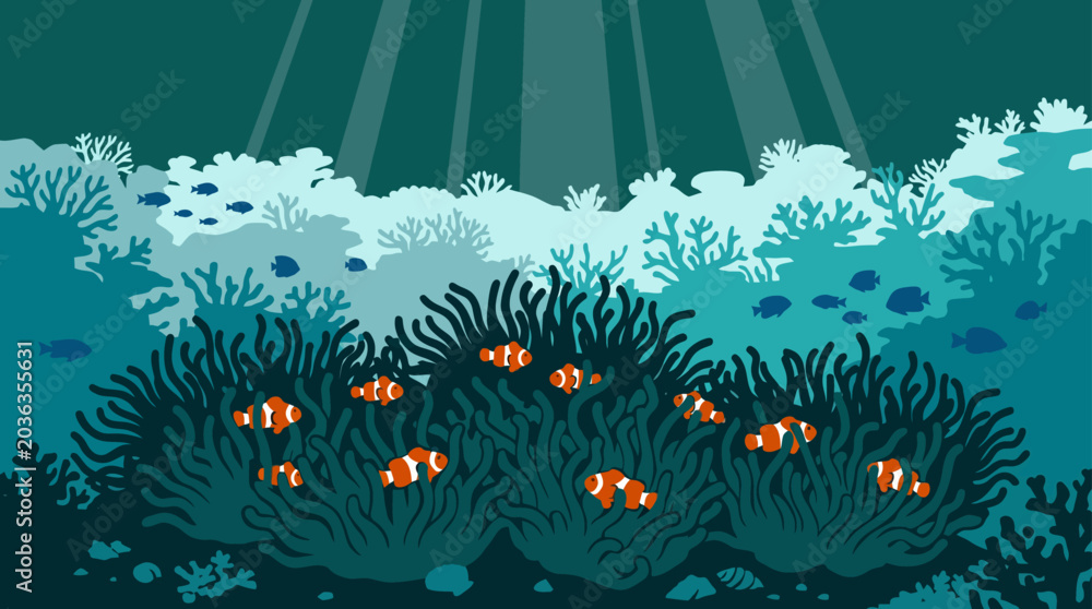 Fototapeta premium Enchanting illustration of a vibrant underwater world, featuring playful clownfish nestled within colorful sea anemones and sunlit coral reefs