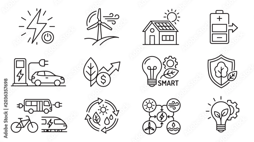 Fototapeta premium Eco-friendly renewable energy technology line icons set for sustainable living and green power