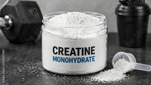 Creatine monohydrate supplement jar with scoop and dumbbell on gym table  