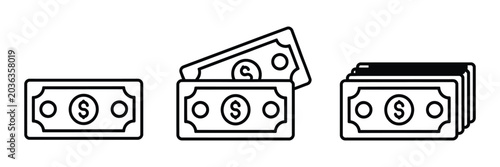 Currency Notes icons, stacked banknotes and dollar bill line symbols, cash bundle and financial transaction concept, deposit payment and banking system outline vector design set.