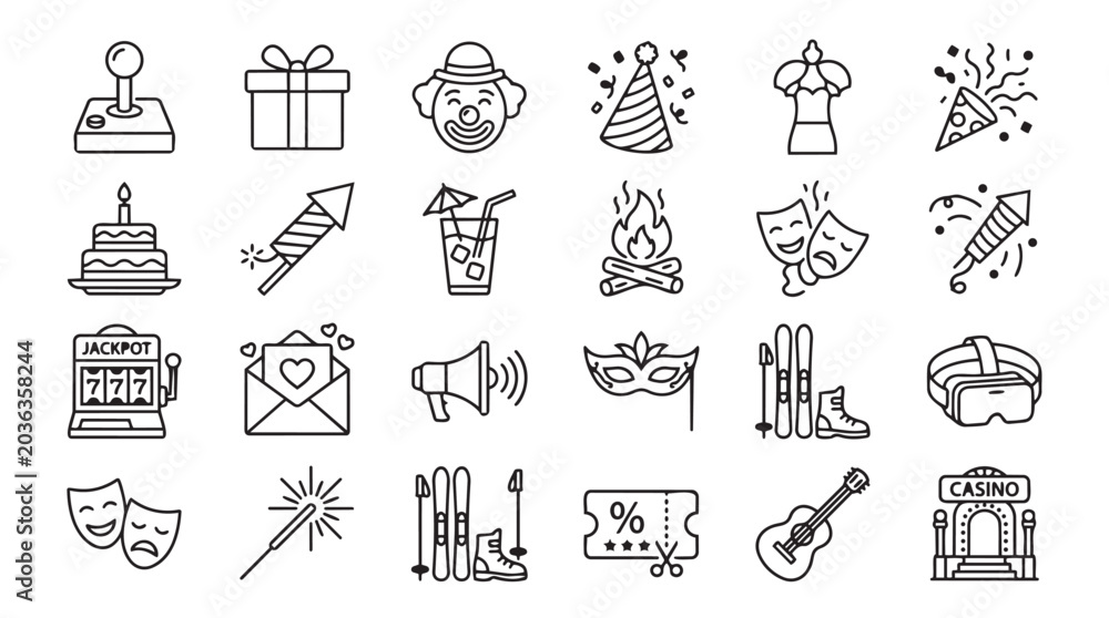 Fototapeta premium Hand drawn icons set of entertainment events and leisure activities with entertainment, celebration