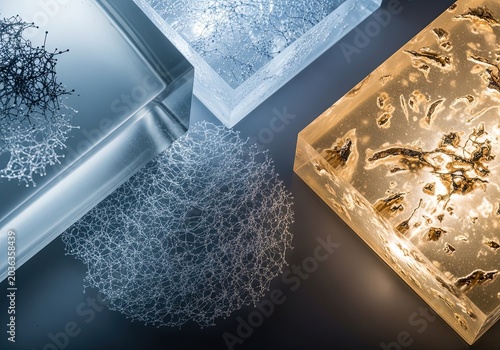 Illuminated translucent blocks reveal intricate organic structures, evoking cutting-edge scientific innovation, future technology, and complex neural network formations