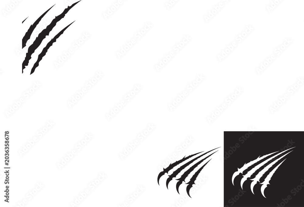 Fototapeta premium Animals claw scratches mark vector icons set. Claws beast ripped marks silhouette. Dinosaur claw scratches icon silhouette vector. Wild animal claw marks line act vector 