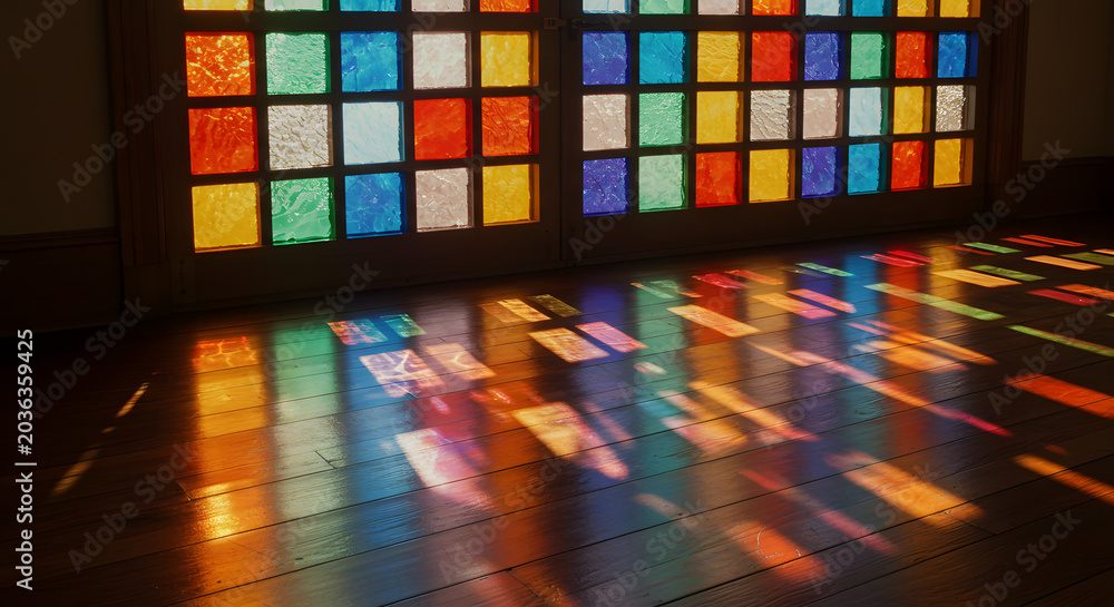 Fototapeta premium Colorful stained glass window casting reflections on wooden floor 