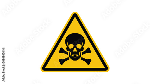 Bright yellow triangular warning sign featuring a stark black skull and crossbones icon representing danger or toxic substances isolated against a clean solid white background
