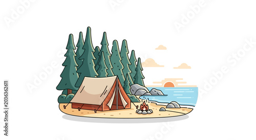 Tableau sur toile Camping Tent on Sandy Beach Shore.