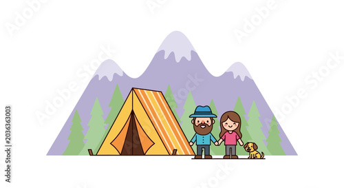 Принти на полотні Couple and dog on camping trip.