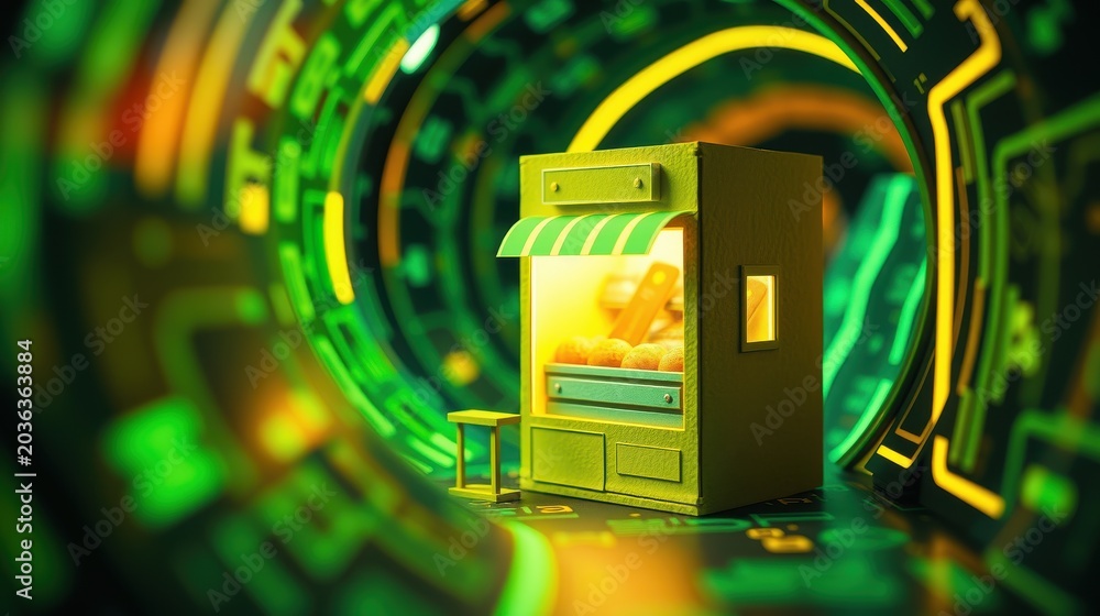 Obraz premium Futuristic kiosk glows within neon tunnel. Small shop displays pastries, inviting warmth amidst digital environment. Bright colors dominate scene.