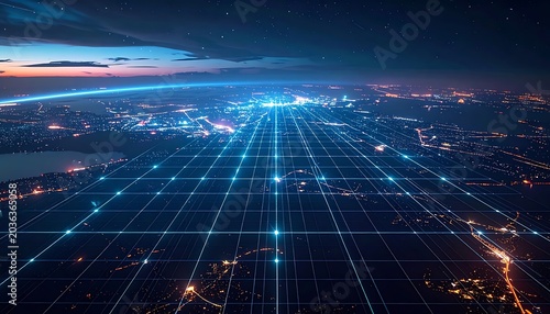 Futuristic cityscape with glowing grid lines.