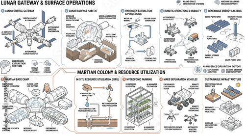 Foto Lunar gateway and Martian colony operations vector infographic with space habita