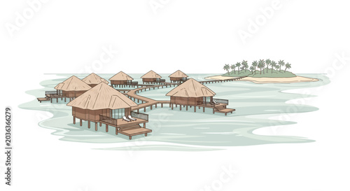 Bilde på lerret Water Bungalows on Stilts Over Ocean.