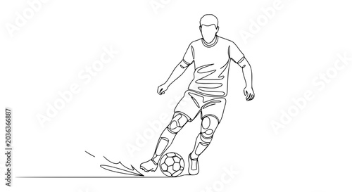 Continuous Line Drawing of a Soccer Player Dribbling a Ball on White Background