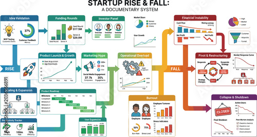 Canvastavla Startup rise and fall documentary vector infographic with business growth scalin