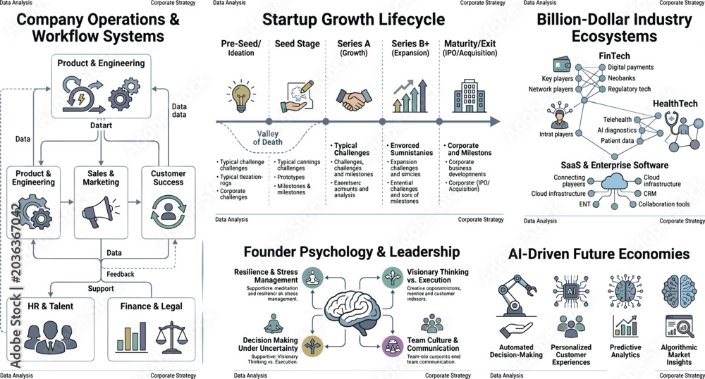 Φωτογραφία Modern startup ecosystem vector infographic with company operations founder psyc