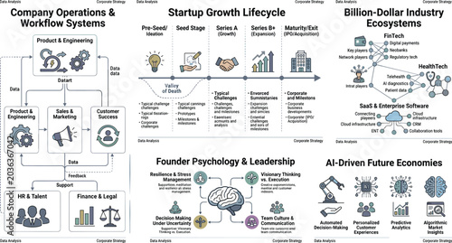 Tableau sur toile Modern startup ecosystem vector infographic with company operations founder psyc